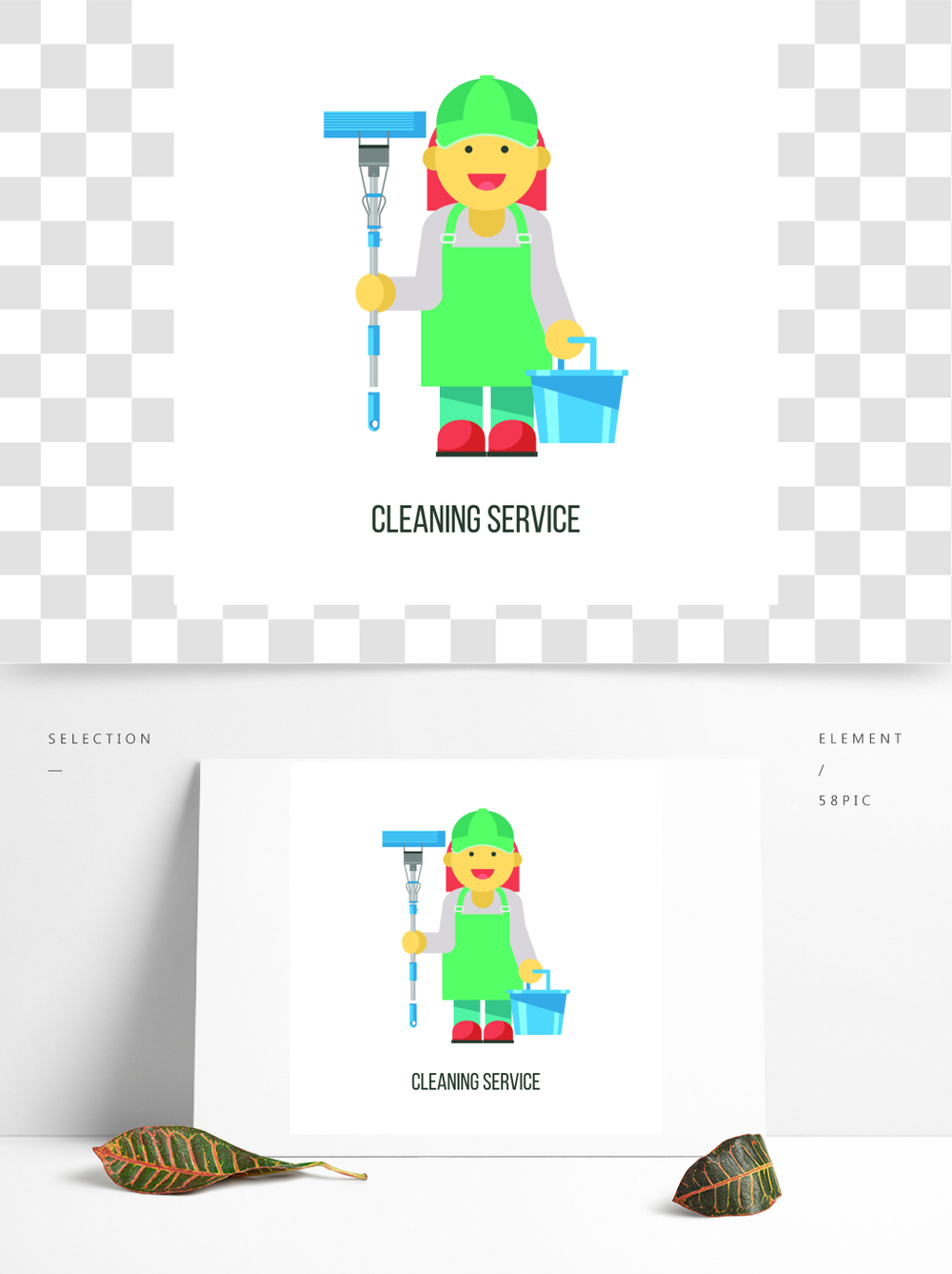 清洁服务平面矢量图专业清洁场所有拖把和桶的清洁女工在手中