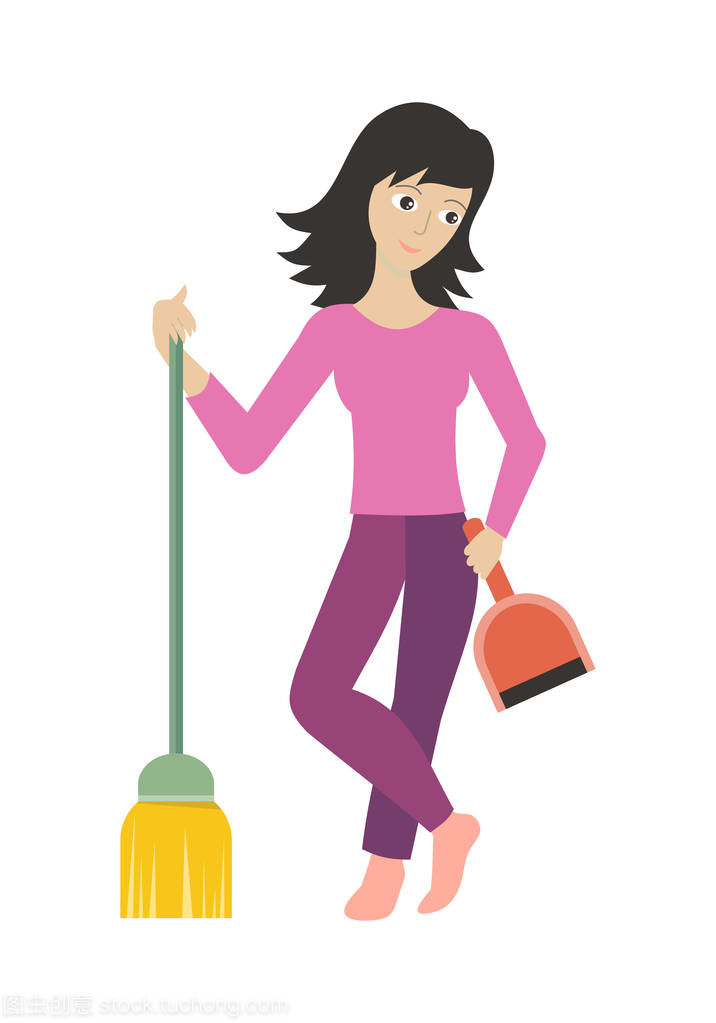 工作人员的清洁公司与簸箕和扫帚